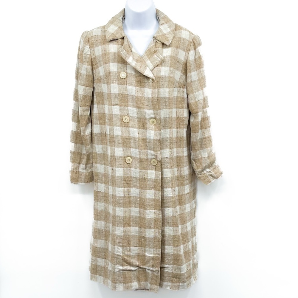 Vintage Tweed Double Breasted Plaid Gingham Jacket Coat Peacoat Trench Long